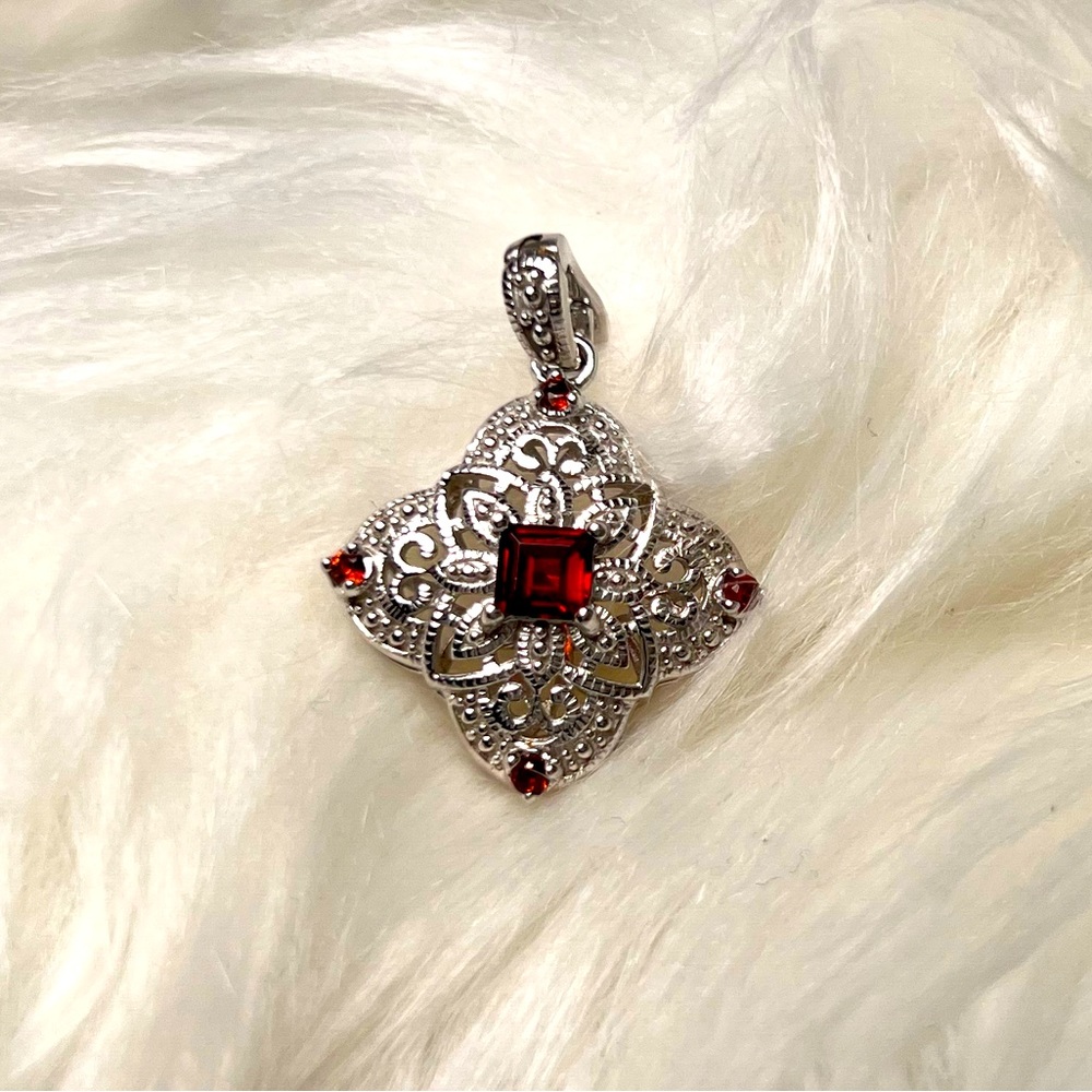 925 Sterling Silver Vintage Real Red Garnet and Marcasite Gemstone Cross Pendant